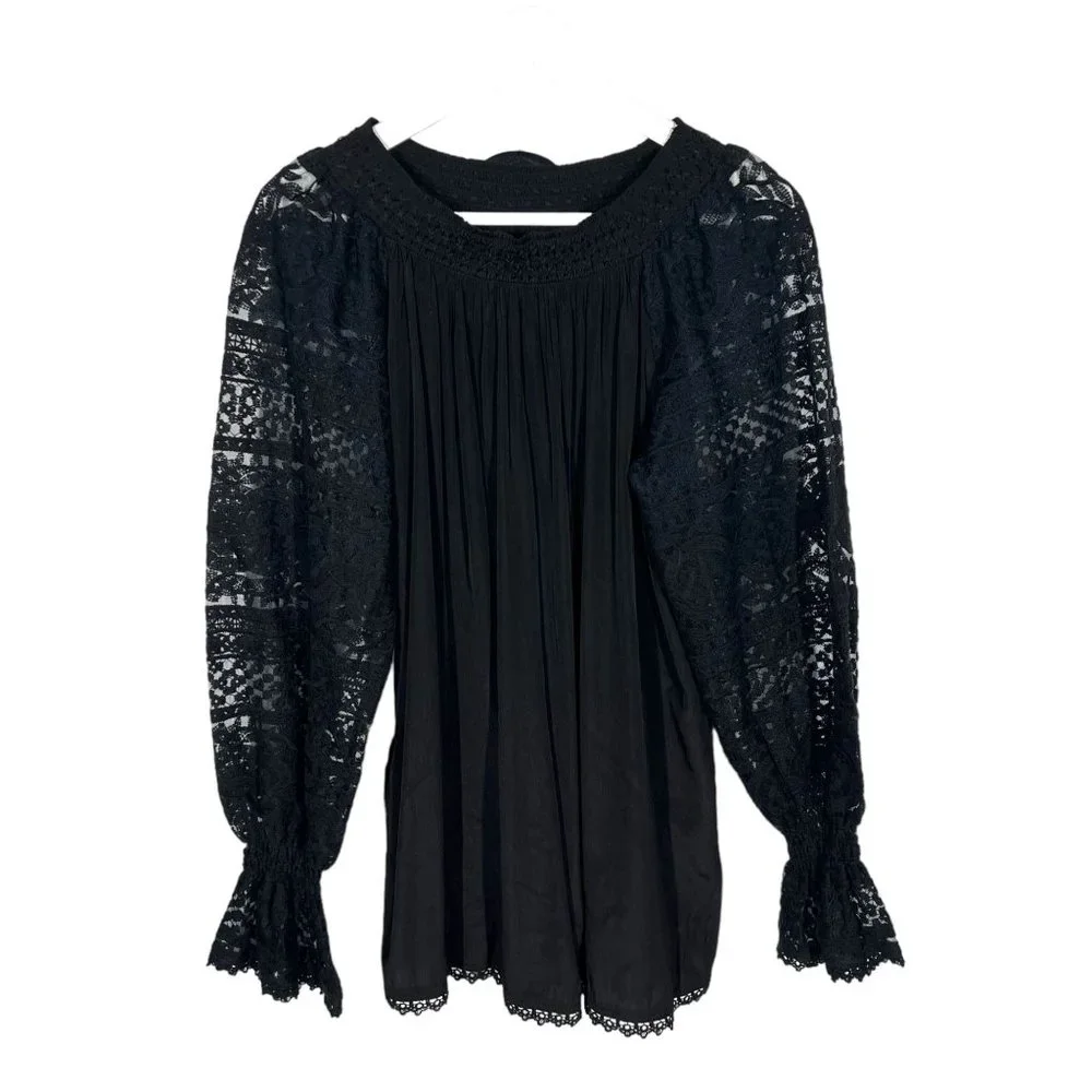 Double D Ranch Black Crochet Lace Long Sleeve Top Medium FLAWED - Picture 1 of 9